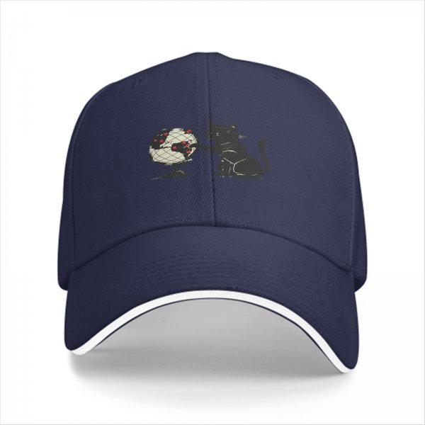 Black Baseball Cap With Cat Touching Globe Print