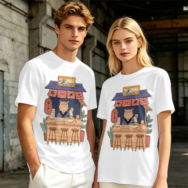 Olive T-Shirt with Cat Ramen Shop Artwork