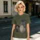 Olive T-shirt with Totoro and masked figure under umbrellas print