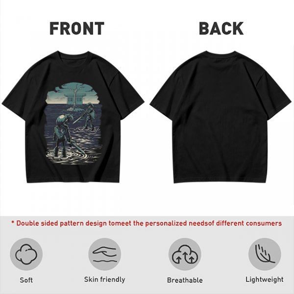 Olive T-shirt with two warriors standing in water holding swords