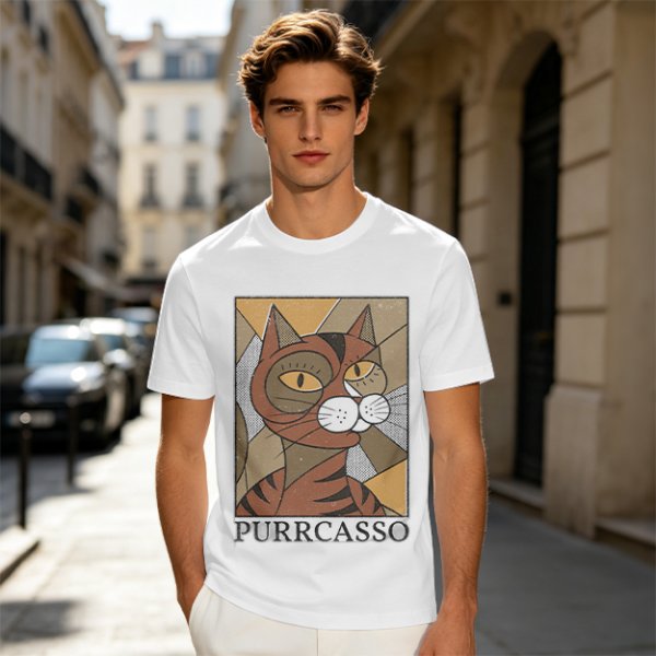Olive green t-shirt with cubist style cat print and Purrcasso text