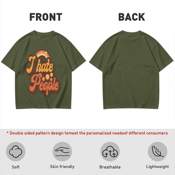 Olive Green Retro Graphic T-Shirt with "I Hate People" Print