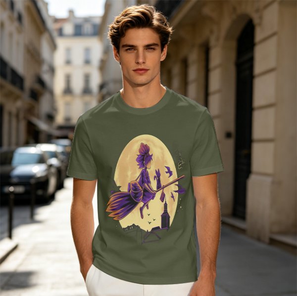 Olive t-shirt with witch flying on broom against full moon