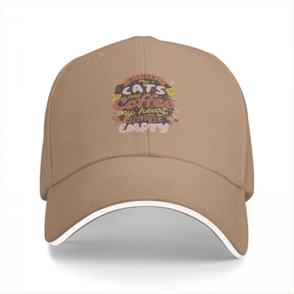 Black baseball cap with 'Without my cats and coffee my heart would be empty' print