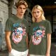Olive t-shirt with a relaxed axolotl wearing sunglasses holding a drink