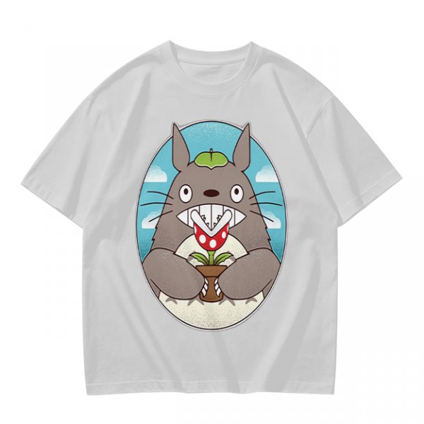 Olive Green T-Shirt with Totoro Holding Piranha Plant Print