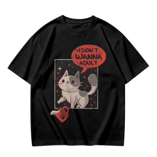 Olive cat graphic t-shirt with 'I don't wanna adult' print