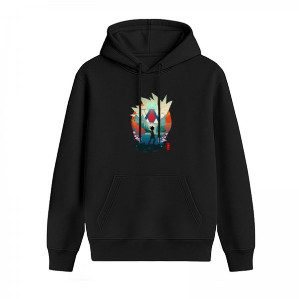 Black Hoodie With Anime Character Landscape Graphic Print