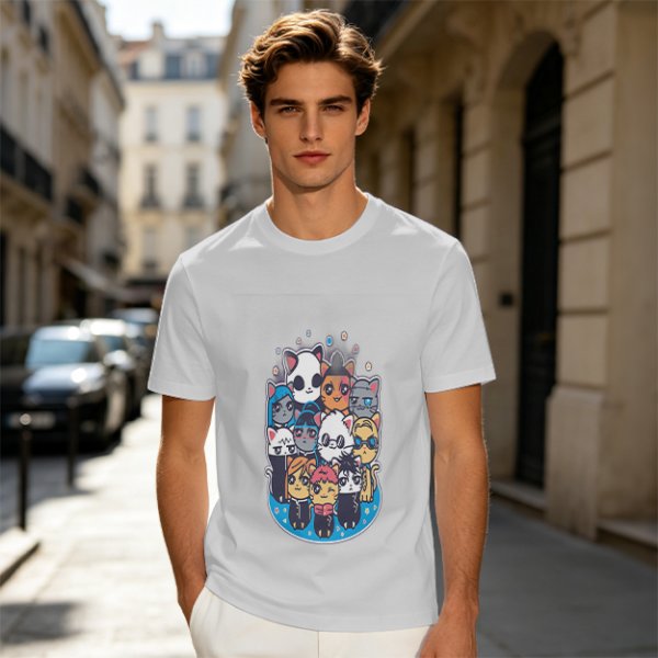 Olive T-Shirt With Cute Chibi Cat Character Group Print