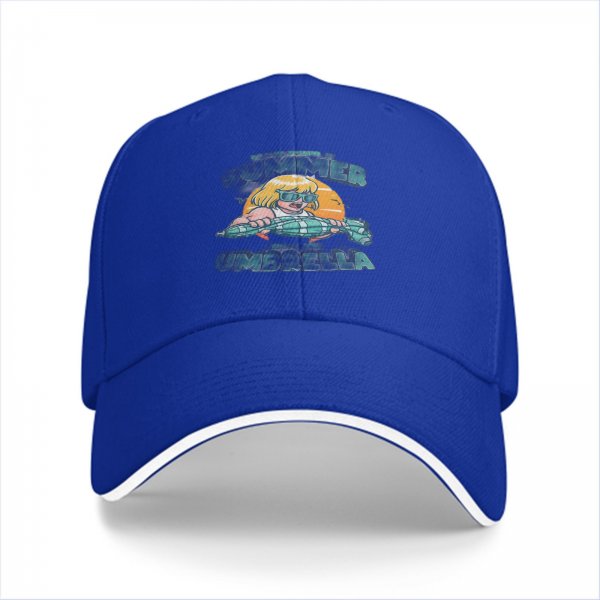 Black baseball cap with summer umbrella graphic and retro sun design