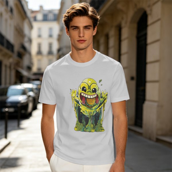 Olive T-Shirt With Playful Green Slime Monster Graphic