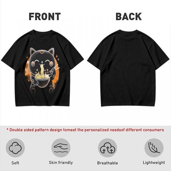 Olive T-Shirt Featuring Black Maneki-neko Cat Eating Ramen