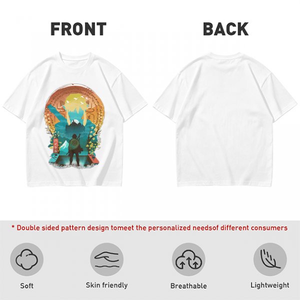 Olive Green T-Shirt With Fantasy Hero Silhouette Landscape Art