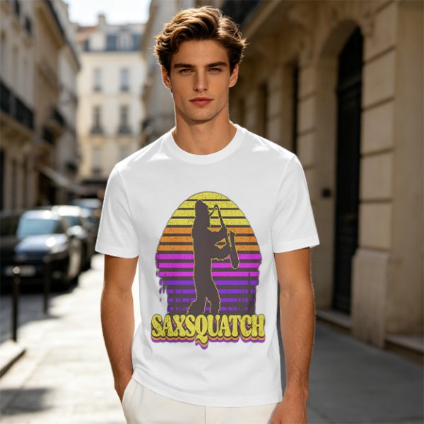 Saxsquatch Bigfoot Playing Saxophone Retro Sunset T-Shirt
