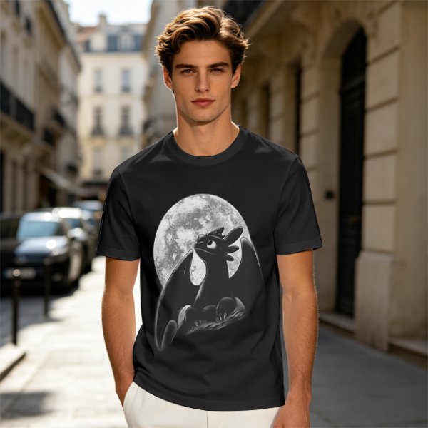 Olive T-Shirt Featuring Toothless Dragon Against Full Moon