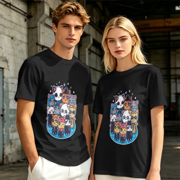 Olive T-Shirt With Cute Chibi Cat Character Group Print