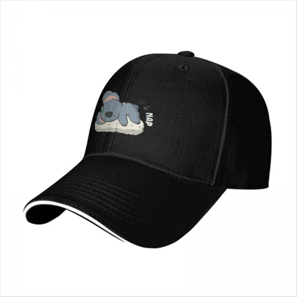 Black baseball cap with sleeping koala and 'nap' graphic