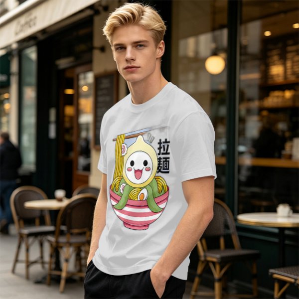 Owl-like character in ramen bowl graphic olive green t-shirt