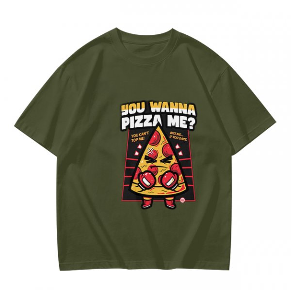Olive t-shirt with angry boxing pizza slice graphic and 'You Wanna Pizza Me?' text