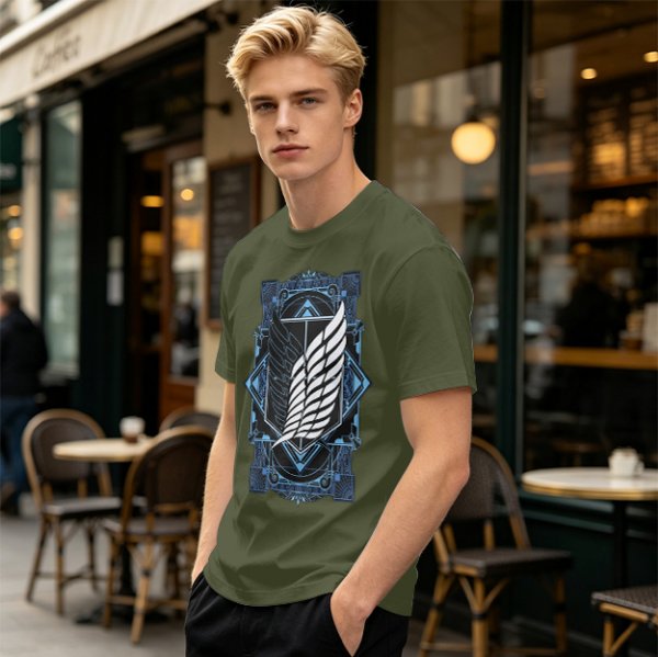Olive T-Shirt With Attack on Titan Survey Corps Wings Print