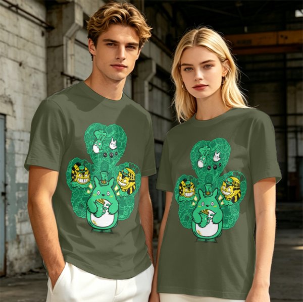Olive Green T-Shirt With Studio Ghibli Clover Graphic Print