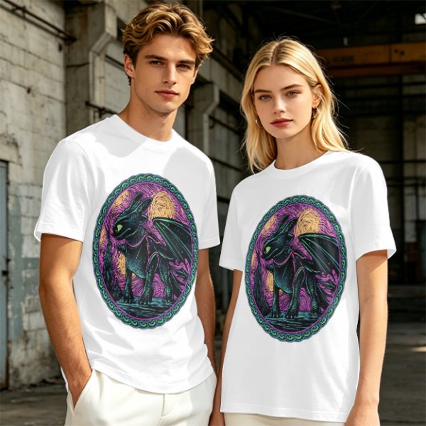 Olive T-Shirt Featuring Stylized Night Dragon In Swirling Oval Art
