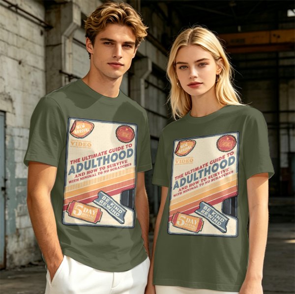 Olive t-shirt with retro guide to adulthood VHS-style print