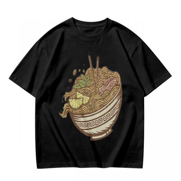 Olive Green T-Shirt With Illustrated Noodle Bowl Print
