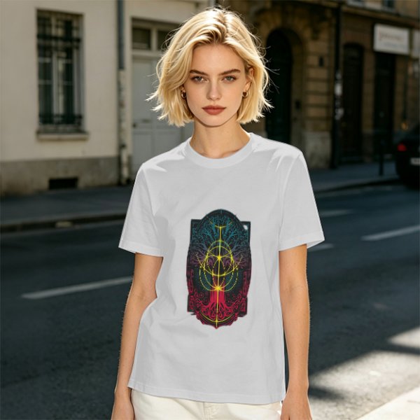 Olive Green T-Shirt With Colorful Mystical Geometric Tree Print