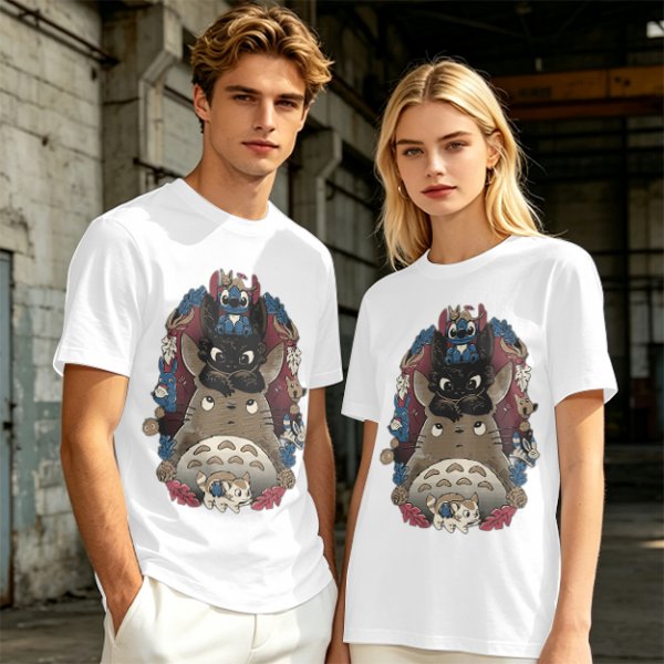 Olive T-Shirt with Stacked Anime Character Totem Print