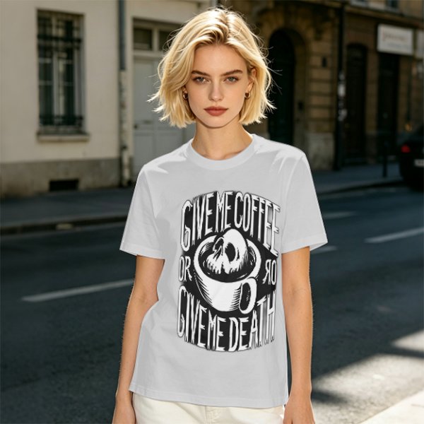 Give Me Coffee Or Death Skull Coffee Cup Graphic T-Shirt