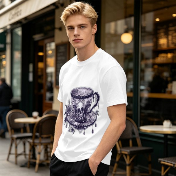 Olive T-shirt with Gothic Skull Teacup and Roses Print