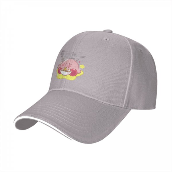Black baseball cap featuring Kirby eating ramen
