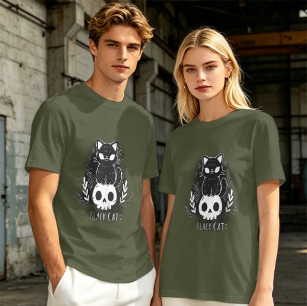 Olive green graphic t-shirt with black cat and skull print