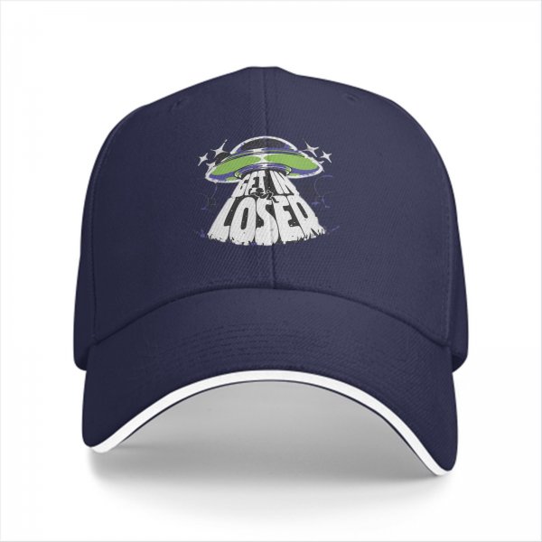 Black baseball cap with UFO and 'Get In Loser' graphic design