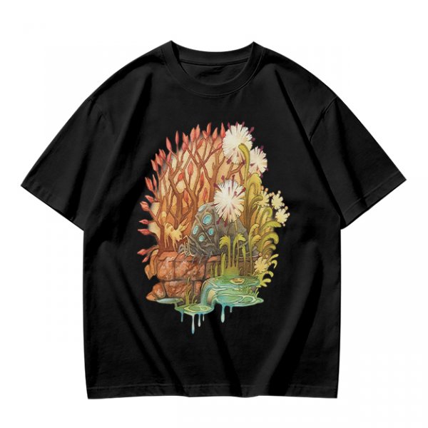 Olive Green T-Shirt with Whimsical Nature Floral and Rock Art Print