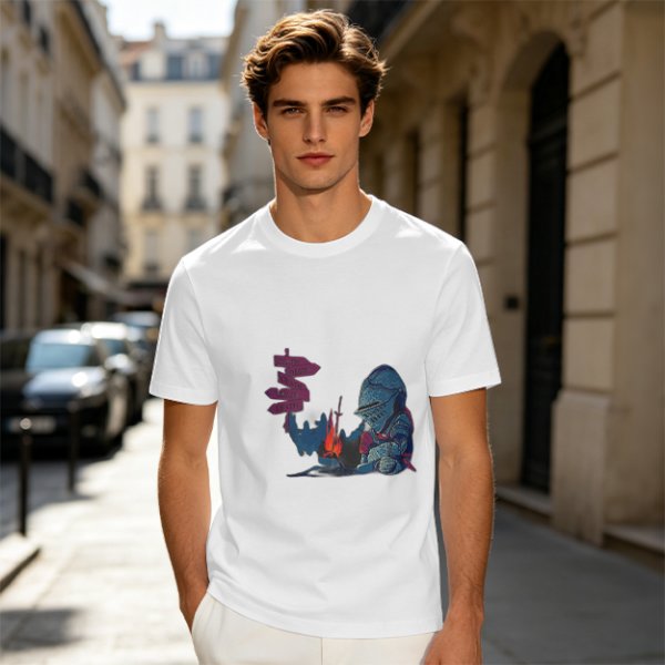 Olive T-Shirt With Dark Souls Knight At Campfire Death Sign Print
