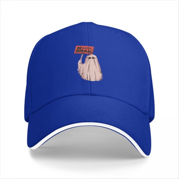 Black baseball cap with a ghost holding a 'Be Paranormal' sign