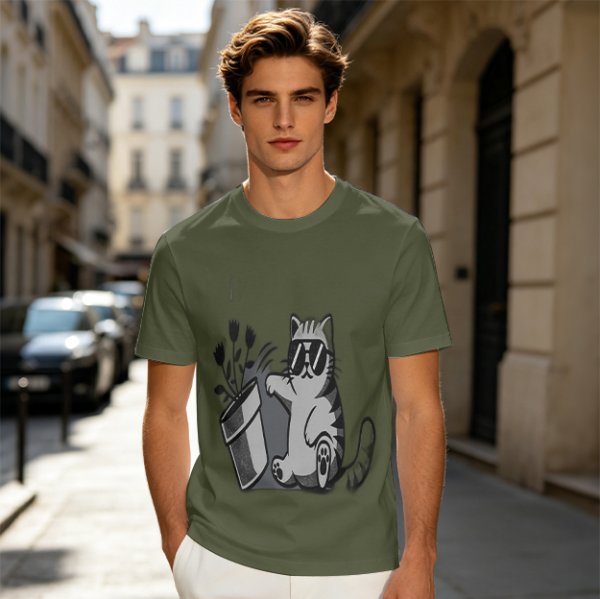 Olive T-Shirt With Cool Cat Wearing Sunglasses Knocking Over Potted Plant