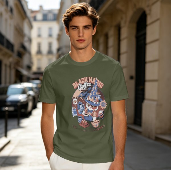 Olive T-Shirt with Black Magic Coffee Wizard Cat Graphic