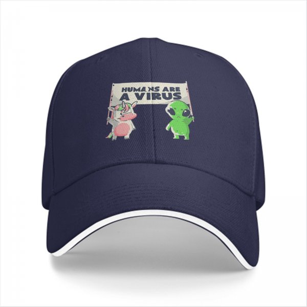 Black baseball cap with 'Humans Are A Virus' alien unicorn graphic