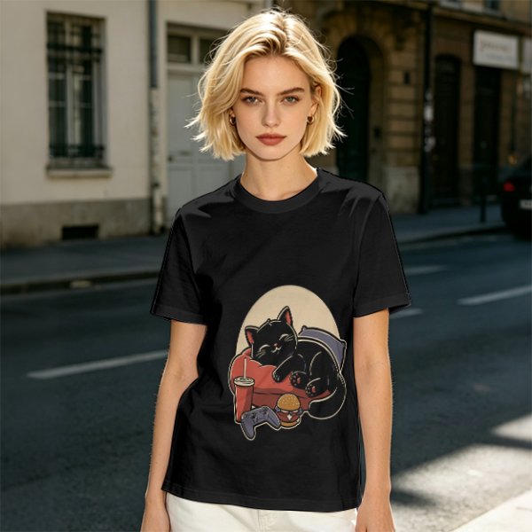 Olive T-Shirt with Relaxed Black Cat Gaming Snack Print