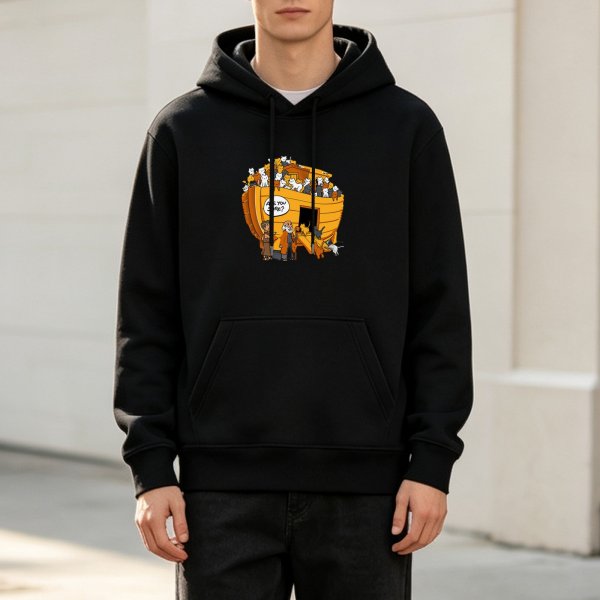 Black hoodie with funny Noah's ark cat graphic print