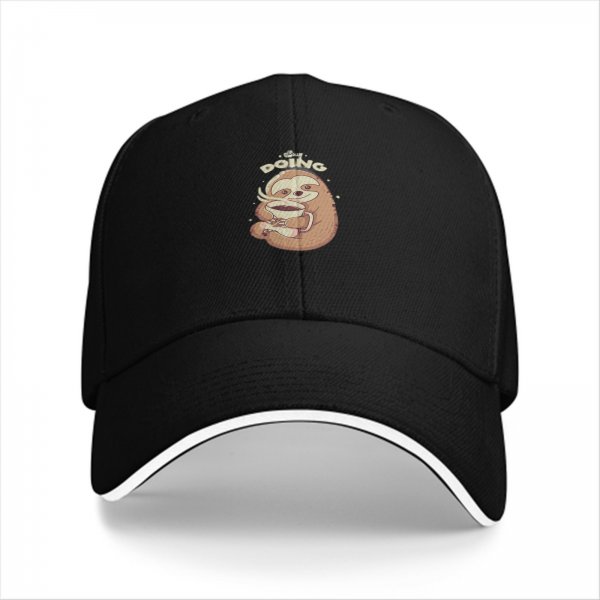 Black baseball cap with sloth holding coffee and 'doing' text