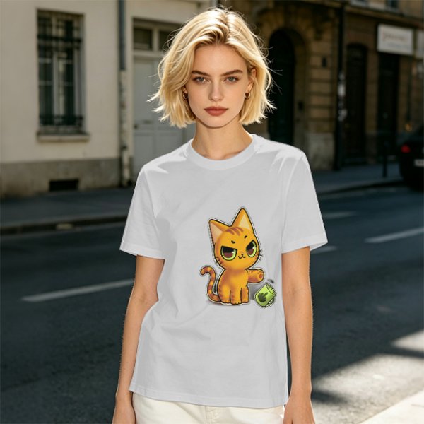 Olive T-shirt with mischievous orange cat knocking over green cup print