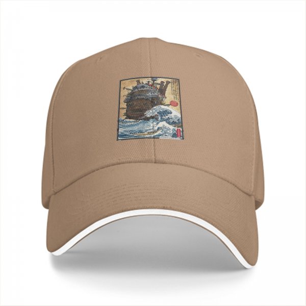 Black Baseball Cap with Japanese Wave and Ship Art Print