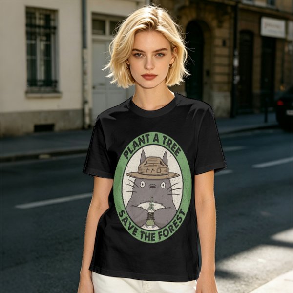 Olive green Totoro graphic t-shirt with plant a tree save the forest slogan