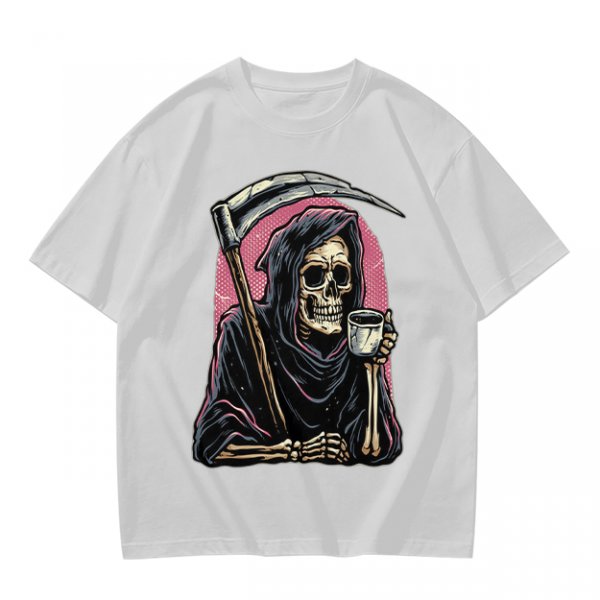 Olive T-Shirt Featuring Grim Reaper Holding Coffee and Scythe