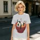 Olive green t-shirt with a panda relaxing in a steaming ramen bowl print