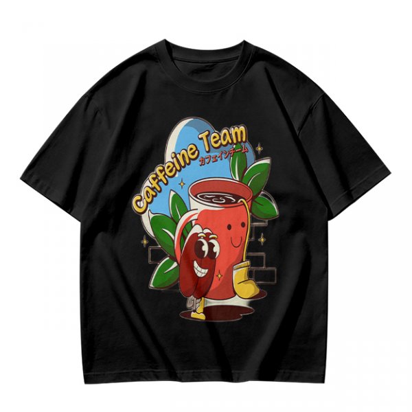 Olive green graphic t-shirt with caffeine team coffee cup and bean illustration